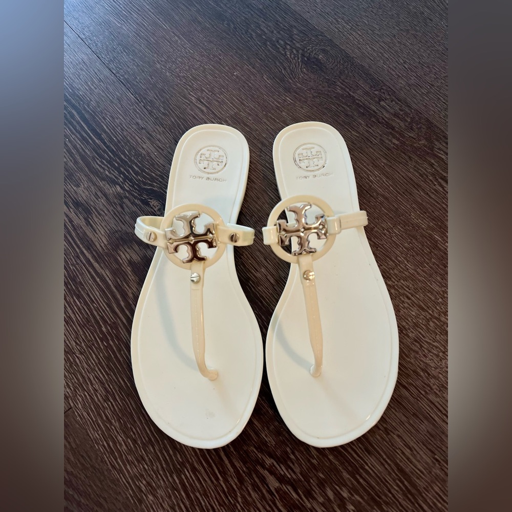 Tory Burch White and Gold Logo Thong Sandals